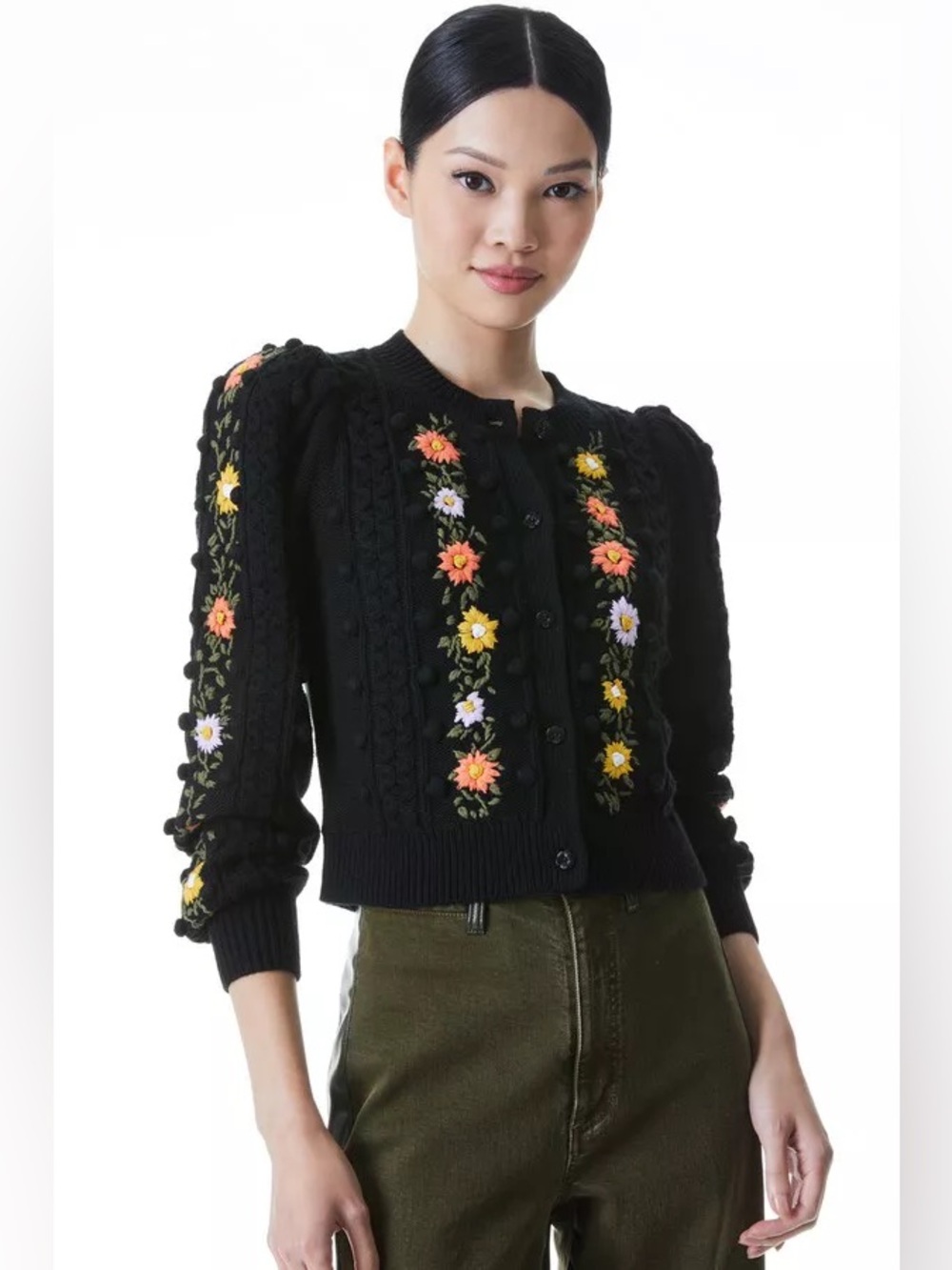 NWT Alice + Olivia Kitty Puff Sleeve Embroidery Cardigan Sweater XS